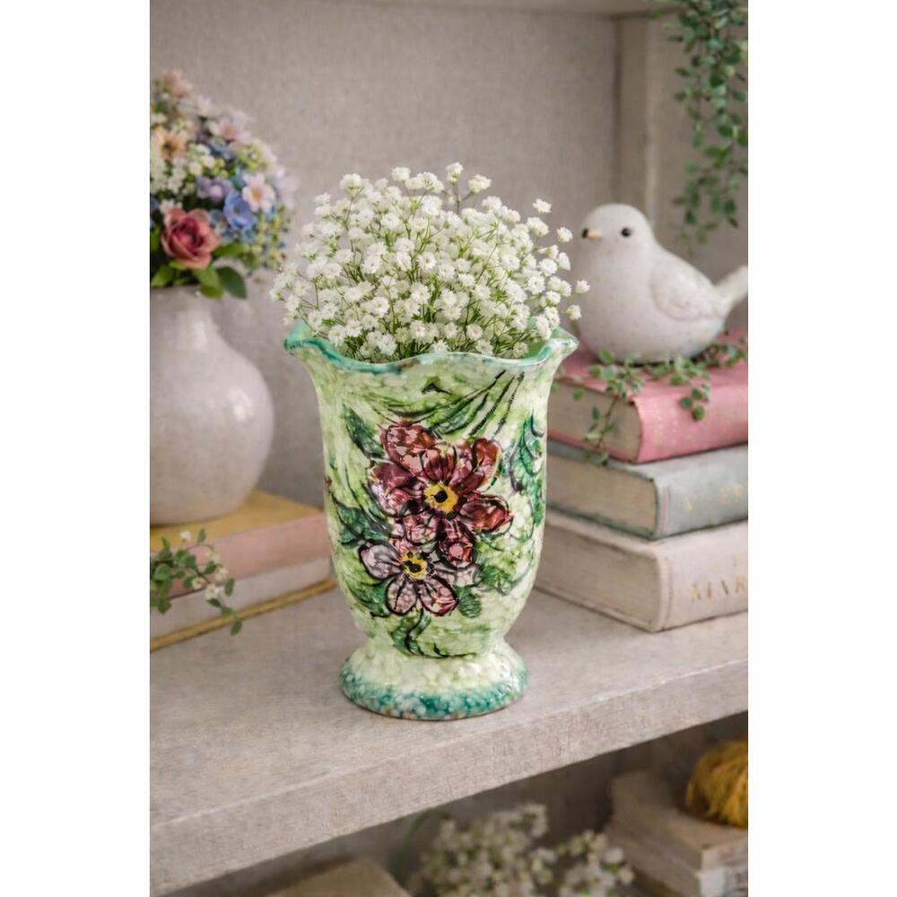 Vintage Small Green Two-Sided Floral Hand Painted Italian Vase